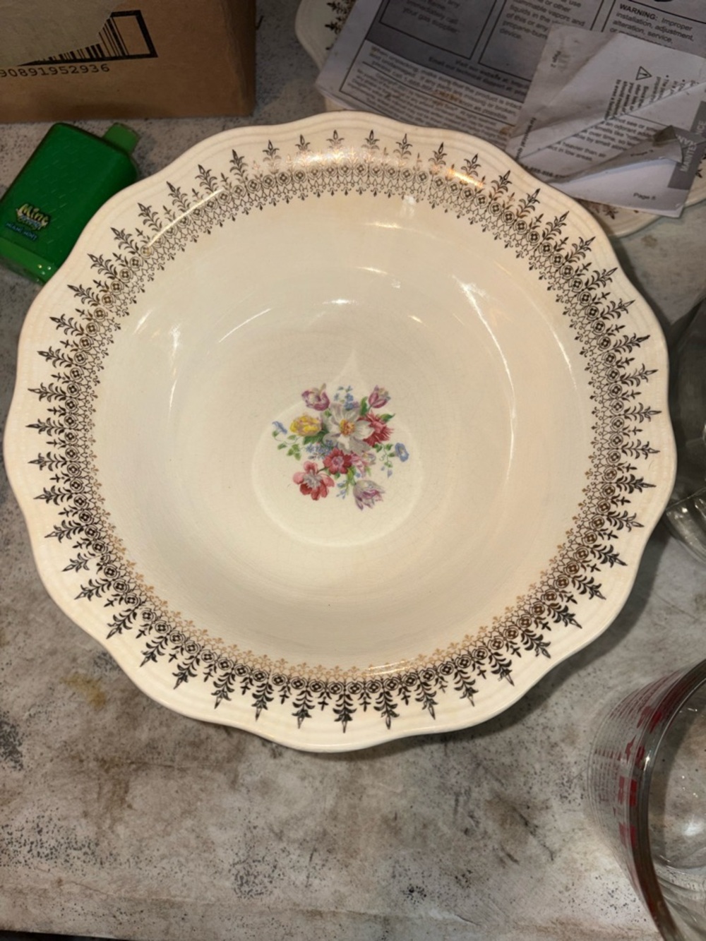 Vintage French Saxon Floral 22K Gold trim Serving Bowl -